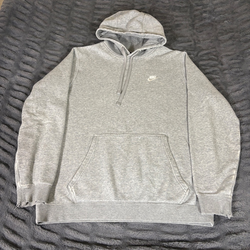 Nike Mens Large Gray Pullover Hoodie Embroidered Swoosh Distressed RN56323